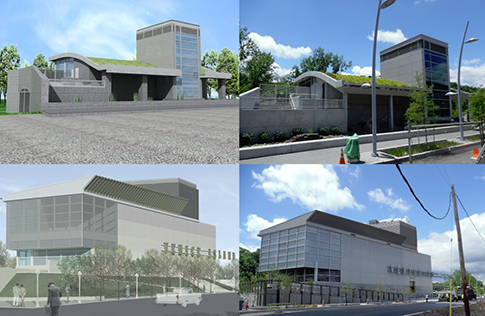 Renderings (at left) of the Performing Arts Center and Head House compared to the finished buildings, at right.