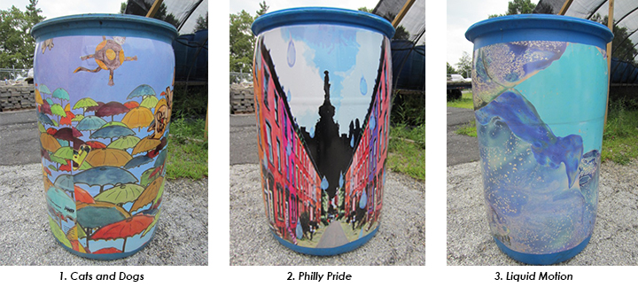 Three wrapped rain barrels