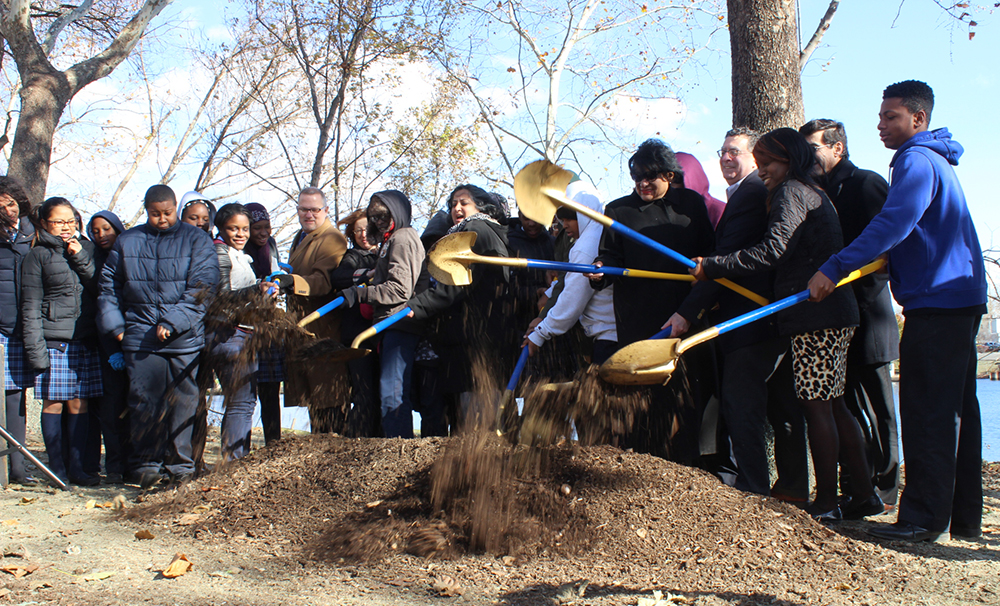 It’s official: Philadelphia students joined Parks and Recreation, Philadelphia Water and other partners in a Bartram’s Mile ground breaking ceremony on Nov. 23. Credit: Philadelphia Water