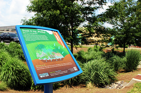 A sign at the Big Green Block in East Kensignton explains how some of the local green tools work. Credit: Brian Rademaekers, Philadelphia Water