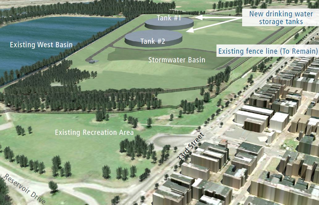 This graphic shows the location of two 30 million-gallon drinking water tanks currently being constructed at East Park Reservoir. Credit: Philadelphia Water