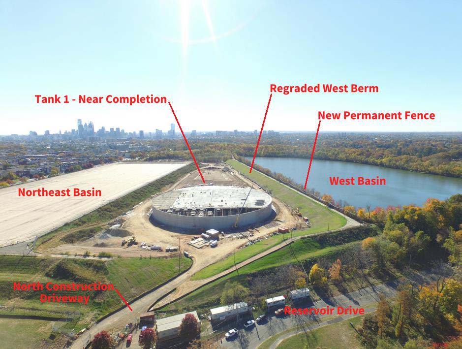 An aerial view of the East Park Reservoir site showing a nearly completed water tank. Credit: PWD 