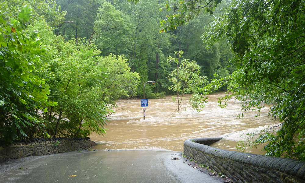 Flooding from Hurricane Irene in 2011 raised the Schuylkill River to levels not seen in 140 years. Climate change is projected to bring more extreme storms to the region. Credit: Philadelphia Water