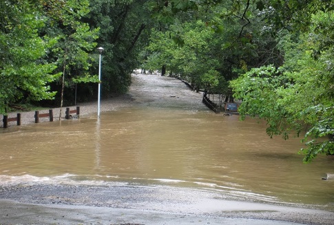 Flooding seen along Forbidden Drive in Fairmount Park during Hurricane Irene in 2011. In that storm, the Schuylkill River hit a high water mark not seen since 1869. Photo Credit: Philadelphia Water.