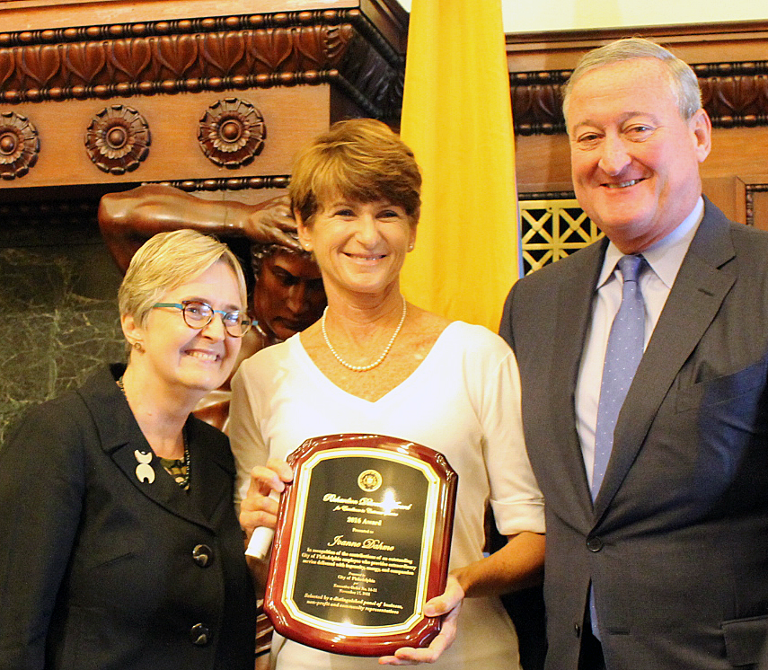 Joanne Dahme, General Manager of Public Affairs at the Philadelphia Water Department, with Commissioner Debra McCarty and Mayor Jim Kenney after receiving the Richardson Dilworth Award  for Excellence in Customer Service.