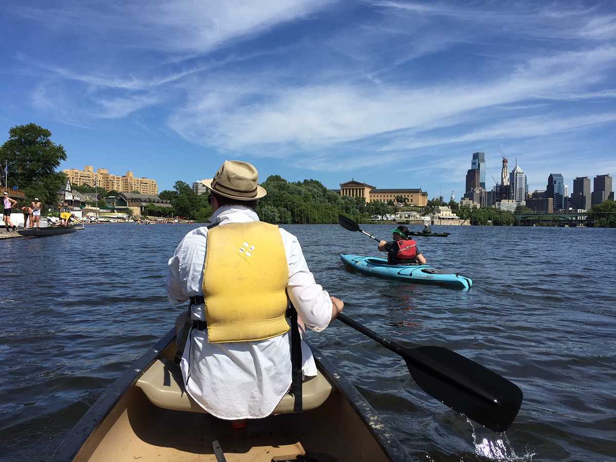 Philadelphia Water's Paul Fugazzotto paddles to the finish of the 2016 Schuylkill Sojourn. A record 205 people joined the annual event this year. Photo credit: Brian Rademaekers