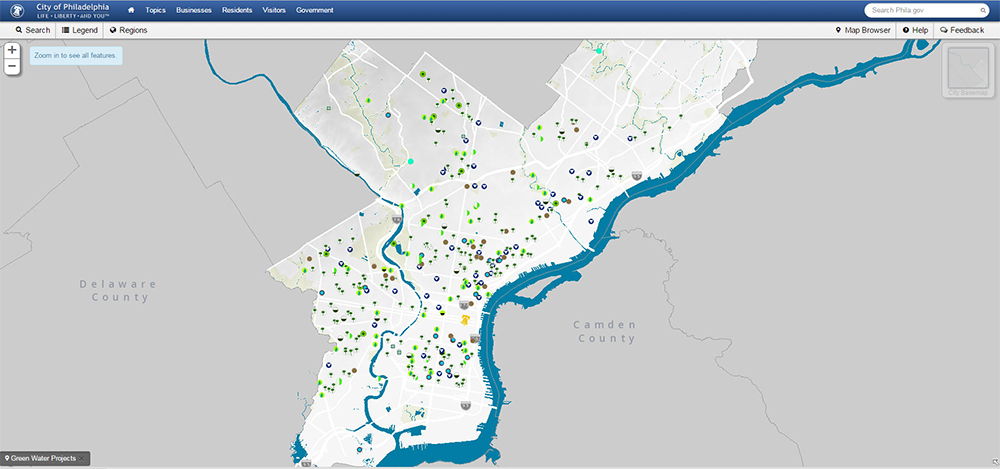 This map, viewable on the City of Philadelphia's website, show green infrastructure locations and was made using similar data sets.